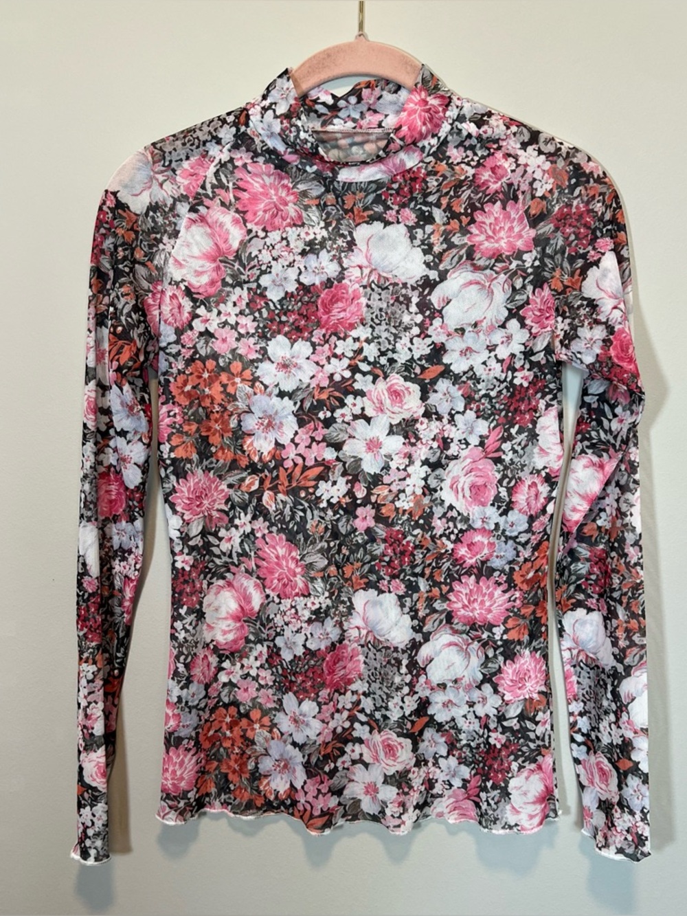 Women’s Pink Black Floral Mesh Long Sleeve Layering Top Small